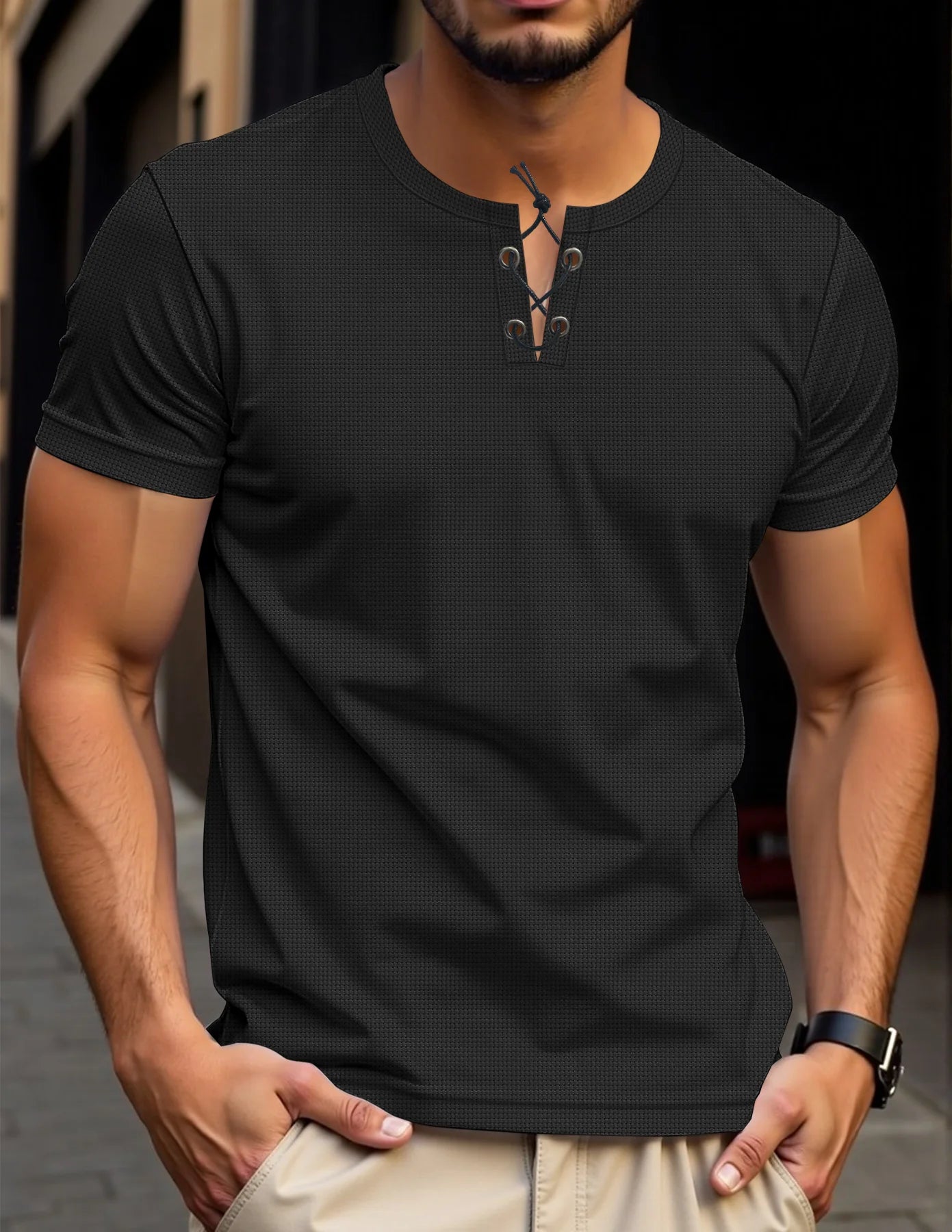 New Spring/Summer Men's Casual Waffle Solid Color Round Neck Tie Rope Short Sleeve Hoodie Top Outdoor Versatile Fashion Top