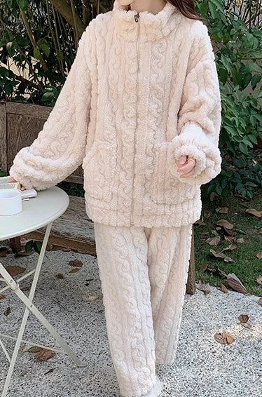 Women's Winter 2 piece sets women outfit Coral fleece pajamas home set Stand Collar Zip Up Fuzzy Teddy Top high waisted Pant Set