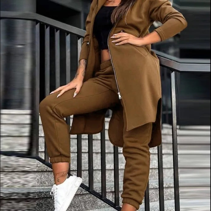 Pant Sets Women Hooded Zipper Long Coats Two Piece Suits Casual Straight Pants Thick Warm Coat Solid Sporty Autumn Winter