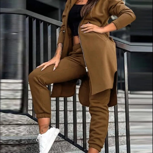 Pant Sets Women Hooded Zipper Long Coats Two Piece Suits Casual Straight Pants Thick Warm Coat Solid Sporty Autumn Winter