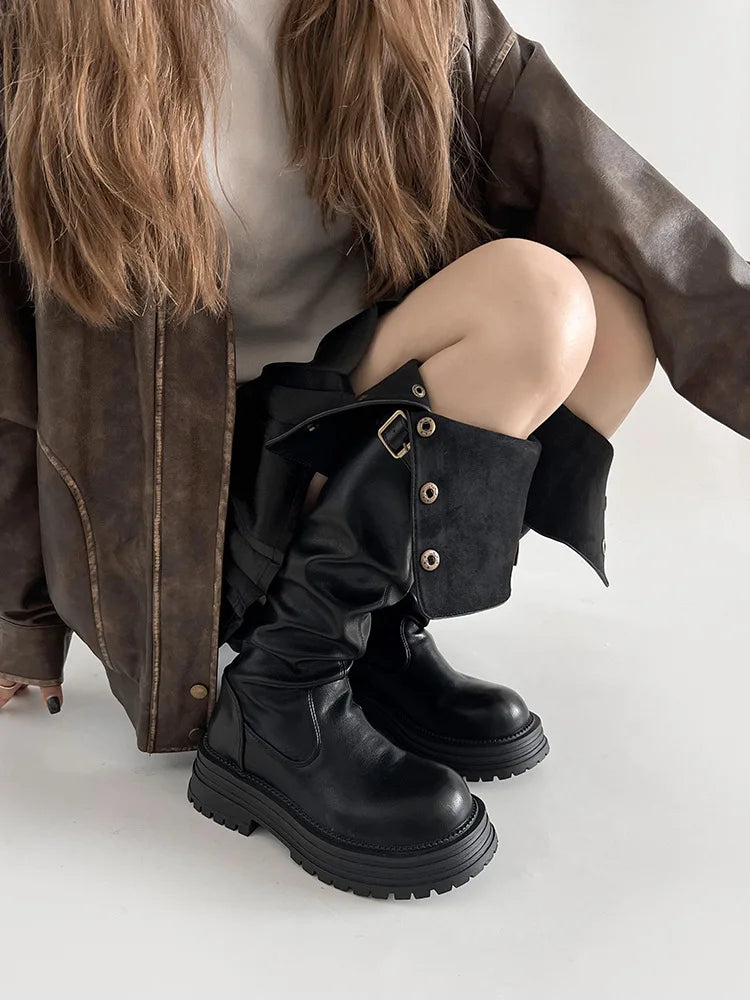 Over-the-Knee Boots2025Autumn and Winter New Retro British Style Chunky Heel Platform Boots Women's Tube Skinny Boots
