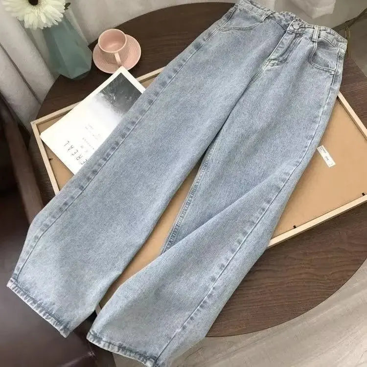 Summer plus Size Dad Jeans High Waist Loose Straight Leg Korean Sle Women's Wide Leg Long Pants Slimming Effect