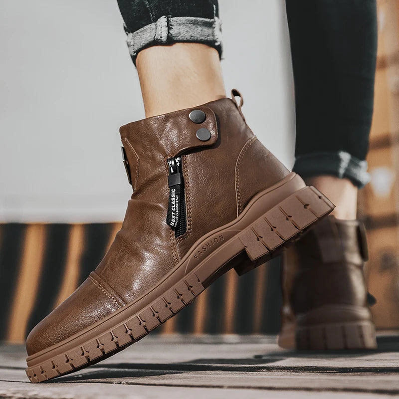 Fashion Mens Ankle Boots British Style High Top Casual Shoes Outdoor Walking Shoes Non-slip Work Boots Comfortable Leather Boots