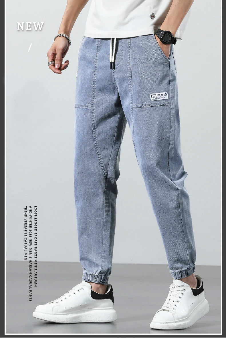 2025 Spring Summer Jeans Men Cotton Thin Beam Feet Harem Pants Elastic Drawstring Waist Light blue Joggers Trousers Male 28-38
