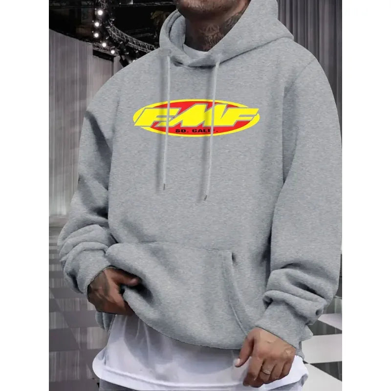 [Bold Graphic Hoodie] Warm Fleece-Lined Hoodie | Men's Casual Pullover with Bold "FMF" Print - Black with Yellow & Red Design