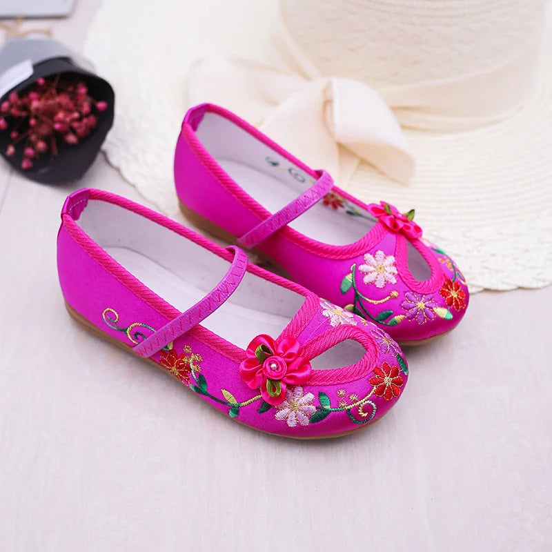 Kids Shoes For Girls Gift Fashion Floral Flats Children's Performance Embroidery Floral Show Chinese Style Baby Shoes Size 25-34