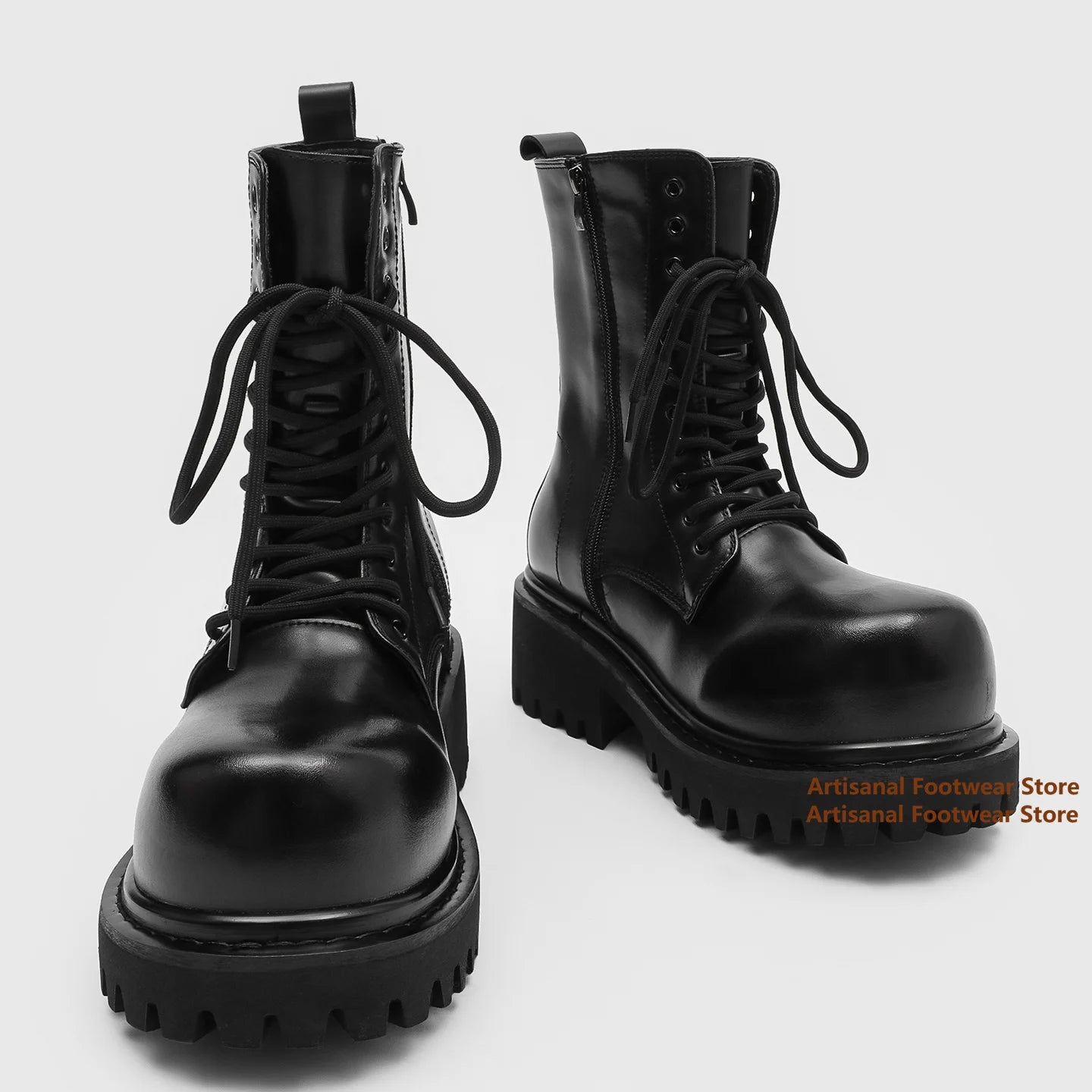 Thick-Soled Motorcycle Boots Retro Big Round Toe Men's Boots Classic Height Increasing Outdoor Designer Handmade Men Boots