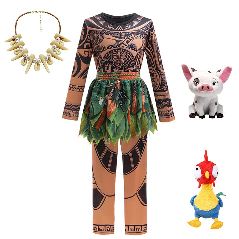 Summer Fancy Girl Princess Moana Dress Halloween Cosplay Carnival Party Primitive Tribes Maui Boys Costume Cartoon Kids Clothes