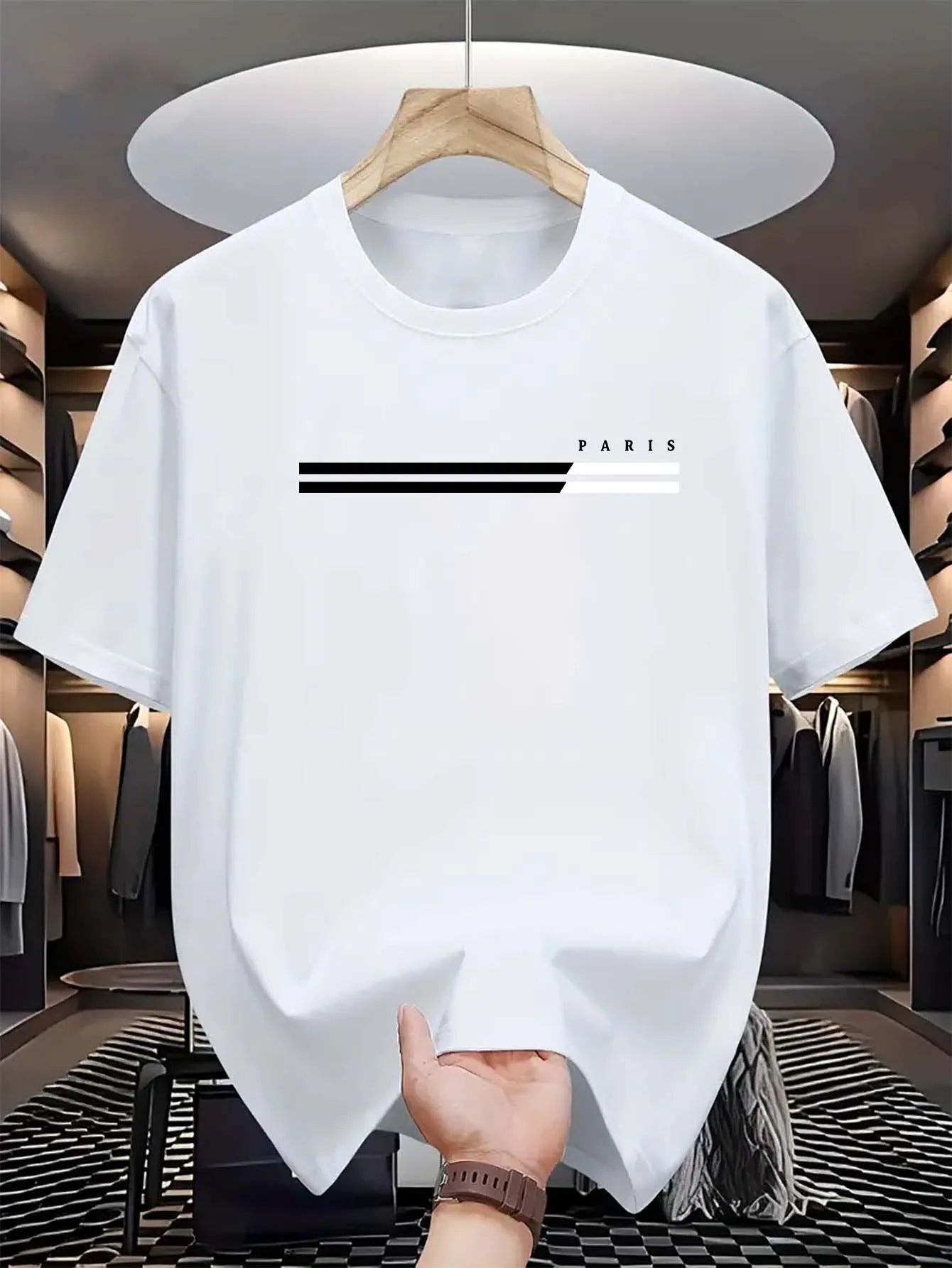 Men's summer loose size PARIS letter Graphic printed slim fit casual sports round neck short sleeved T-shirt top