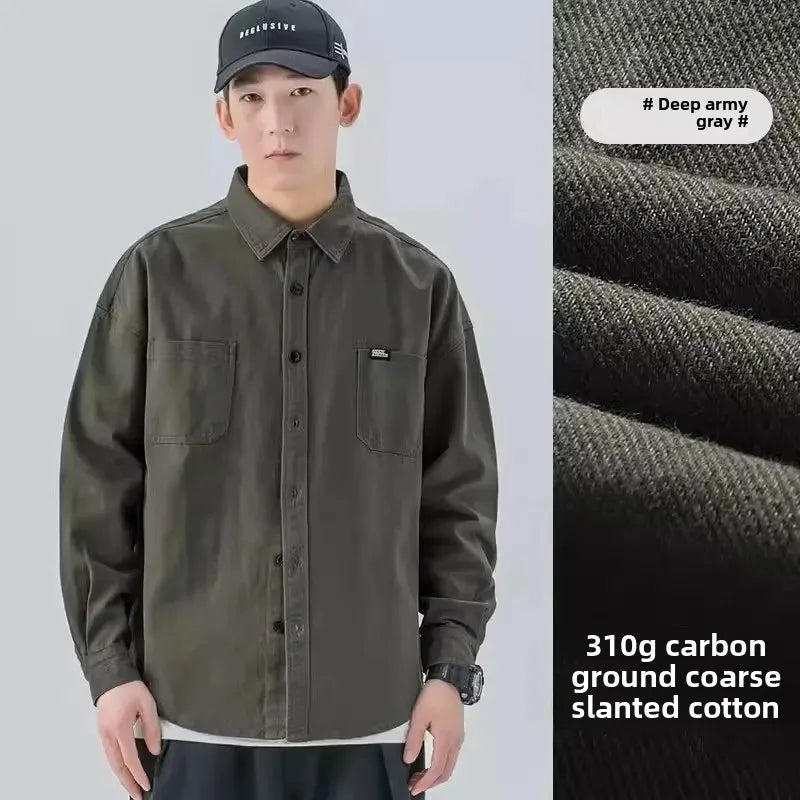 Retro Japanese Style Long Sleeve Workwear Shirt Men's Loose Casual Coat with Pocket Youth Versatile Spring Autumn Fashion