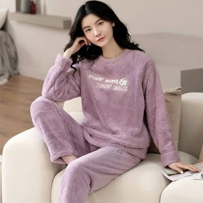 Thickened Long Sleeve Home Clothes Set with Chest Pad Winter Coral Fleece Korean Style Student Cute Large Size Home Clothes Set