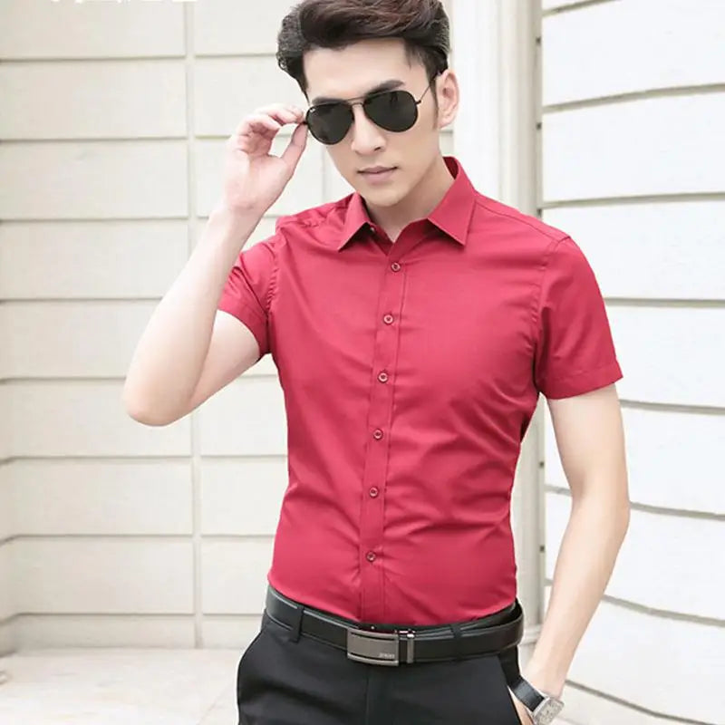 Professional Mens Short Sleeve Shirt White Business Casual Slim Fit Japanese Retro Style Polyester Fiber Printed Shirt for Youth