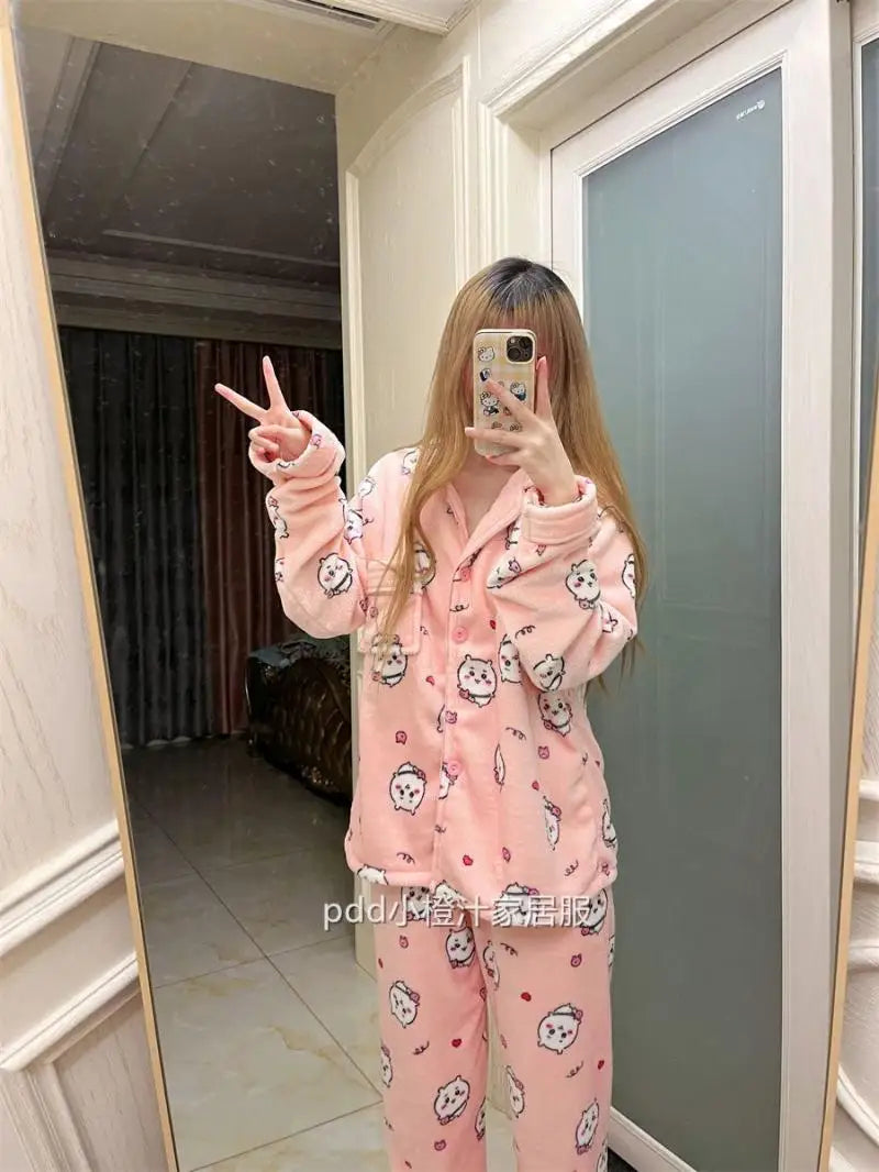 Chikawa Flannel Pjs Thicken Winter Usagi Long Sleeved Pajama Pants Set for Women Plus Velvet Cute Blue Hachiware Home Clothes