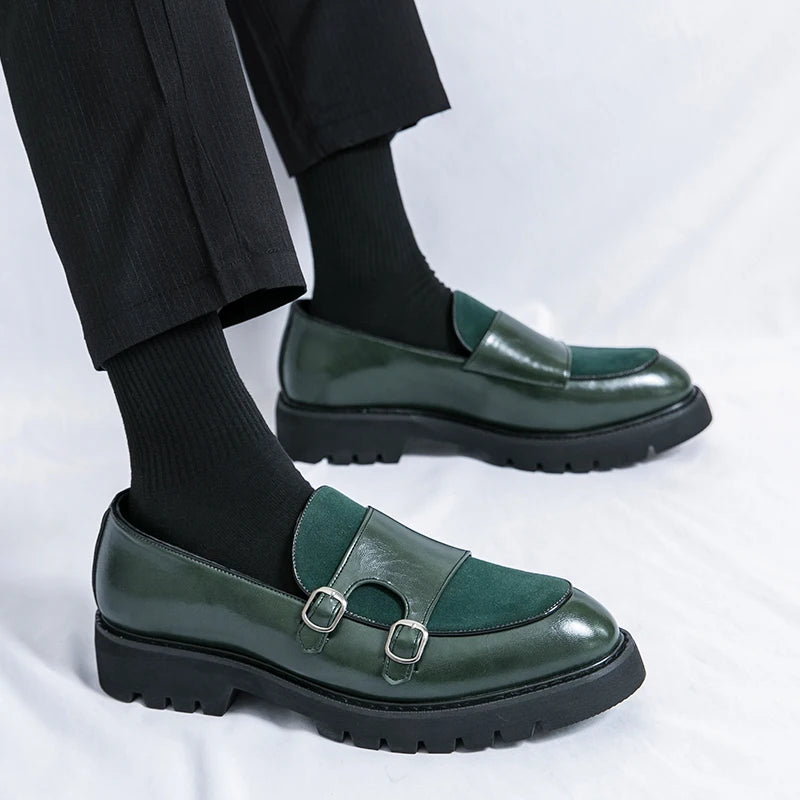 British Men's Shoes Trend Thick Soles High Height Loafers Green Outdoor Commuting Leather Casual Shoes for Men's Lightweight