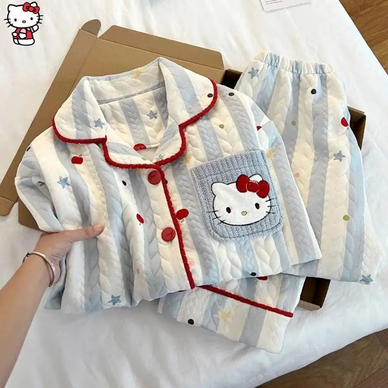 Hot Sanrio Girl Loungewear Set Hello Kitty Anime Kawaii Casual Loose Comfort Air-Layer Fabric 2-Piece Set Children Clothing New