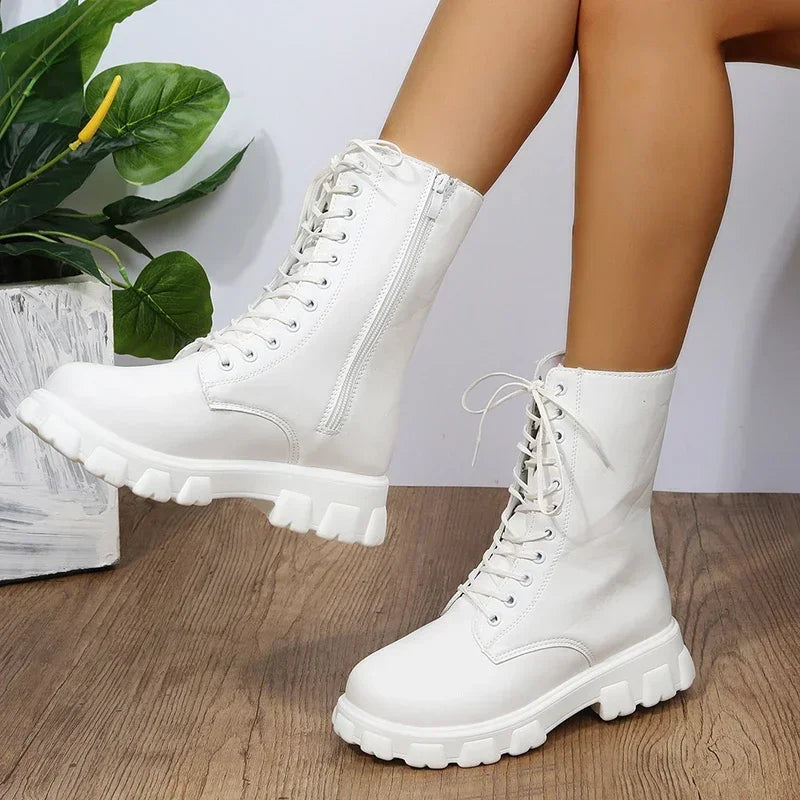 Boots Women 2024 Autumn Winter PU Leather White Ankle Boots Motorcycle Botines Female Chunky Heels Platform Boots Botas Mujer