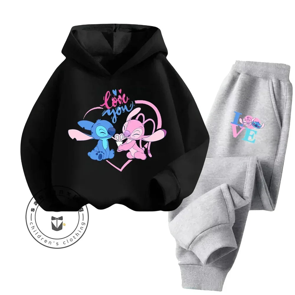 Cartoon Stitch Children Hooded Sweatshirt+Pants Two-piece Set Boy Girl Autumn Winter Daily Outdoor Vacation Warm Soft Sportswear