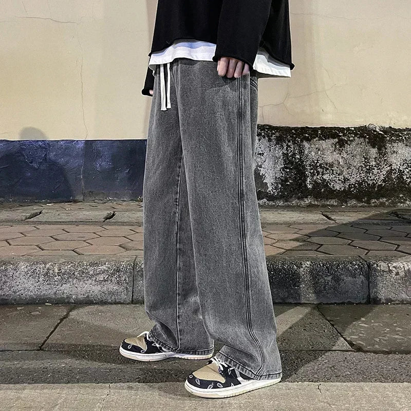 Men Casual Loose Jeans Male Streetwear Fashion Straight Wide Leg Denim Pants Elastic Waist Comfortable Solid Color Gray Trousers