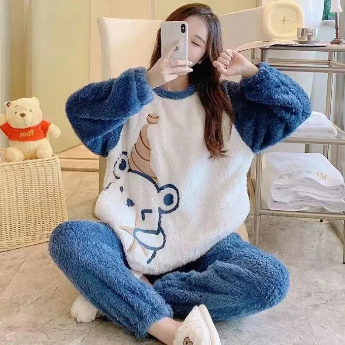 Thickened Long Sleeve Home Clothes Set with Chest Pad Winter Coral Fleece Korean Style Student Cute Large Size Home Clothes Set