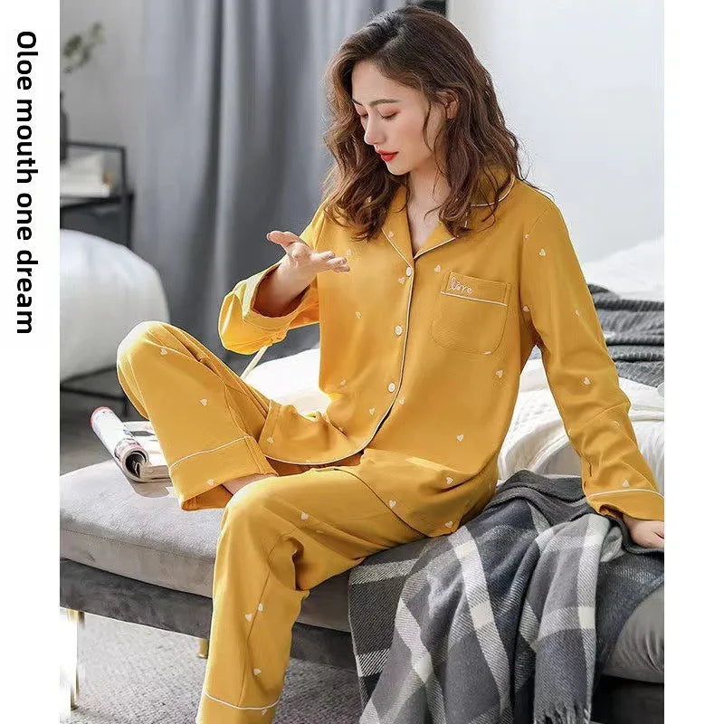 Ladies 100% Pure Cotton Long Sleeve Spring Autumn Lightweight Full Cotton Set Cardigan Sleepwear for Middle-Aged Mothers
