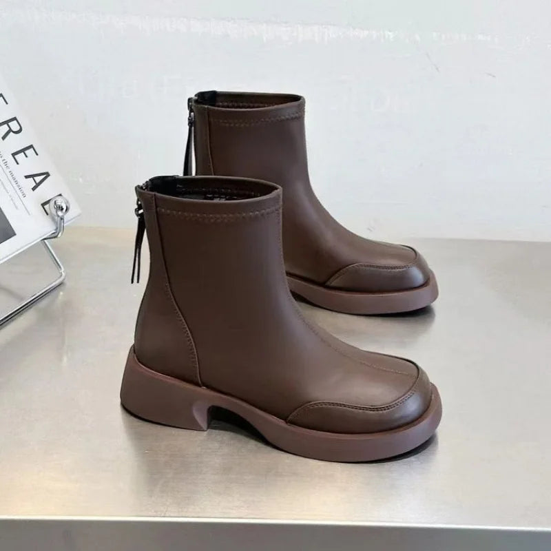 Women's British Chelsea Boots     Black Square-Toe Elastic Booties Side Zip Fringe Winter Shoes Versatile Winter Shoes