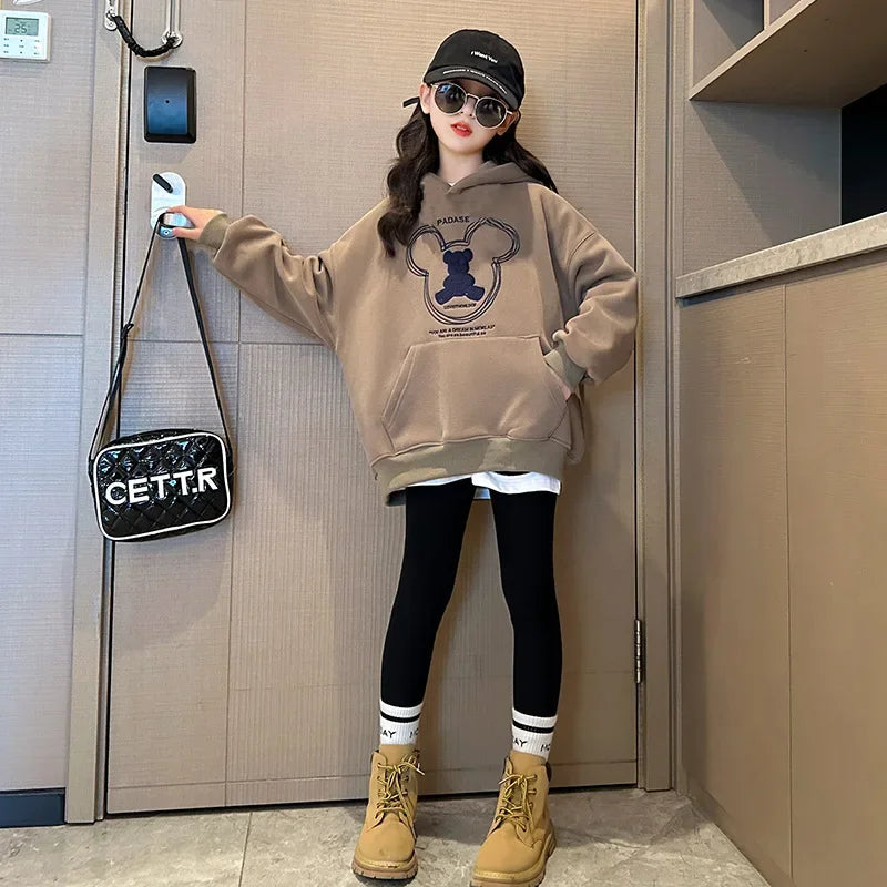 2026 girls clothes spring winter sweatshirt bear t-shirt hooded + stretch pants leggings teens children set 8 9 10 11 12 year