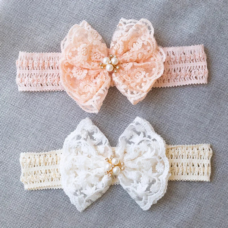 Lace Bow Princess Baby Hairbands Sweet Girl Pearl Bowknot Headdress Newborn Elastic Headband Headwear Kids Photography Props