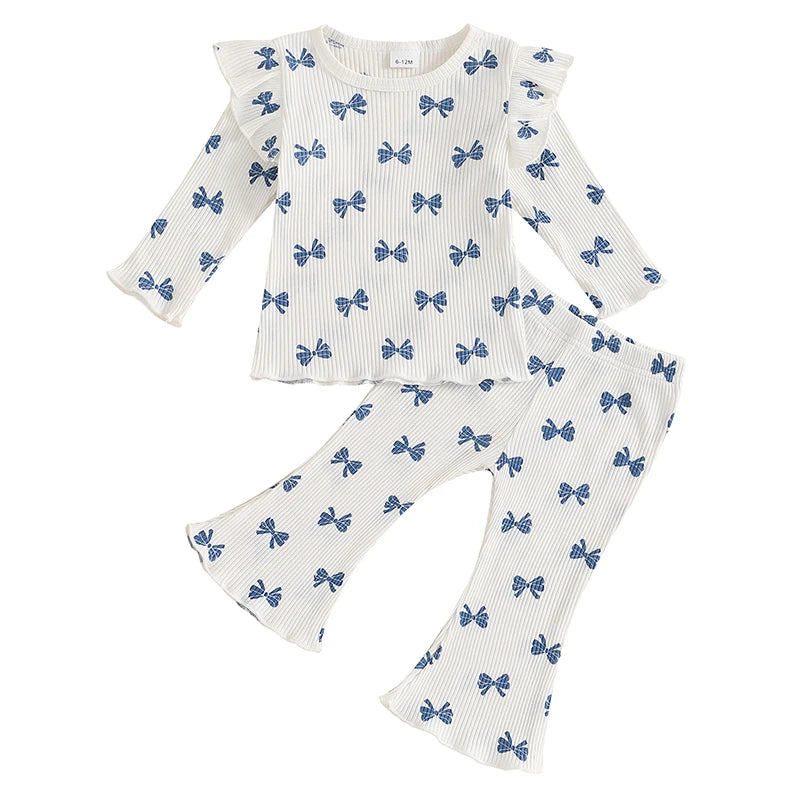 Pudcoco Kid Infant Baby Girls Pants Set, Bow Print Long Sleeve Crew Neck T-shirt with Flare Pants Fall Outfit 6M-4T