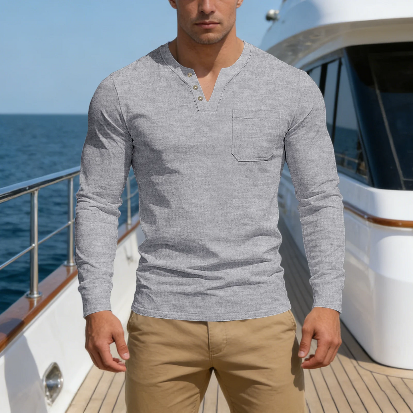 New Spring/Summer Men's Casual V-neck Long sleeved Top with Button Pocket T-shirt Outdoor Versatile Trendy Fashion Men's Top