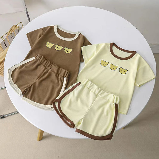 Kids Cartoon Pattern Waffle Like Knit Short Sleeve Set Children Stretchy Waist Summer Casual Clothes Two Piece Outfit 2025