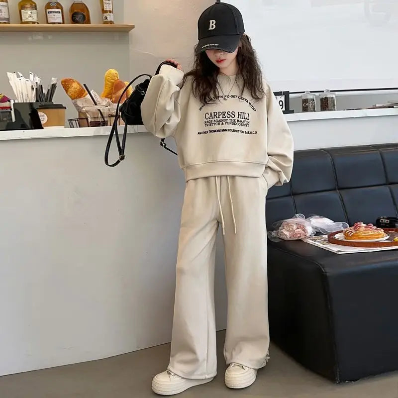 2025 autumn winter kids Girls Clothes Suit Child letters sweatshirt crop top + wide leg pant Tracksuit 4 5 6 7 8 9 10 11 12 year