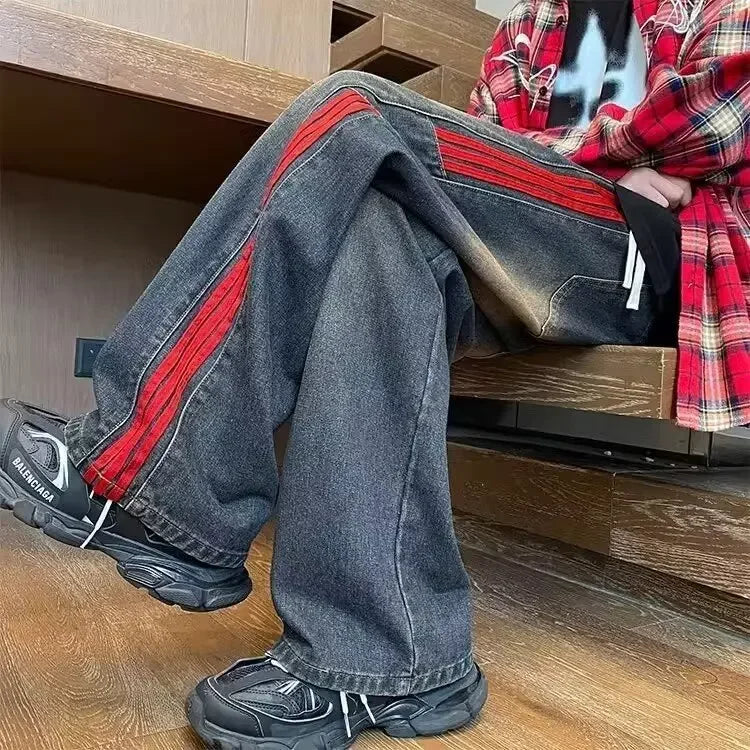 American Style Retro Men's Straight Leg Jeans Spring Autumn Trendy High Street Loose Wide Leg Long Pants Water Washed