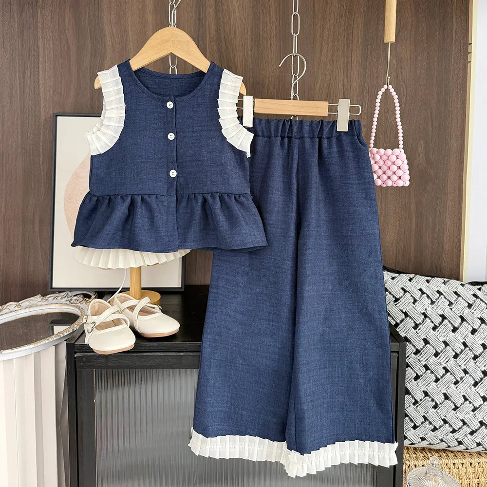 Bear Leader Korean Version Kids Clothes Girls Blue Imitation Denim Suit Summer New Sleeveless Top+Wide Leg Pants Two-piece Set
