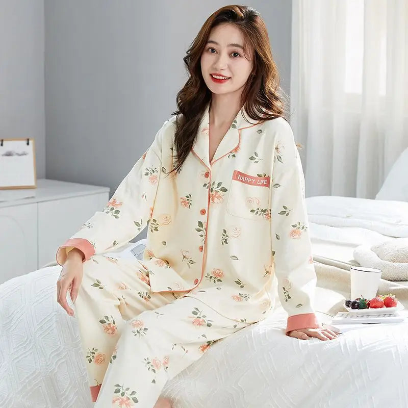 Antibacterial Pure Cotton Sleepwear Set for Women Loose Long Sleeve Home Clothes Cardigan Pants Fashionable Korean Style