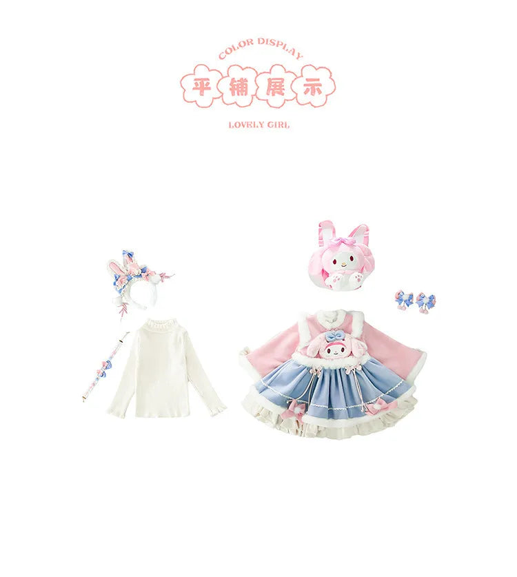 Anime My Melody Lolita Princess Dress Girl Bow Decoration Party Dress Ruffled Tutu Skirt Fleece-Lined Layered Dress Ball Gown
