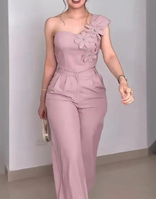 Summer Sloping Collar Decal Decoration Short Sleeveless Top and High Waist Wide Leg Pants Set for Women's Elegant 2-Piece Set