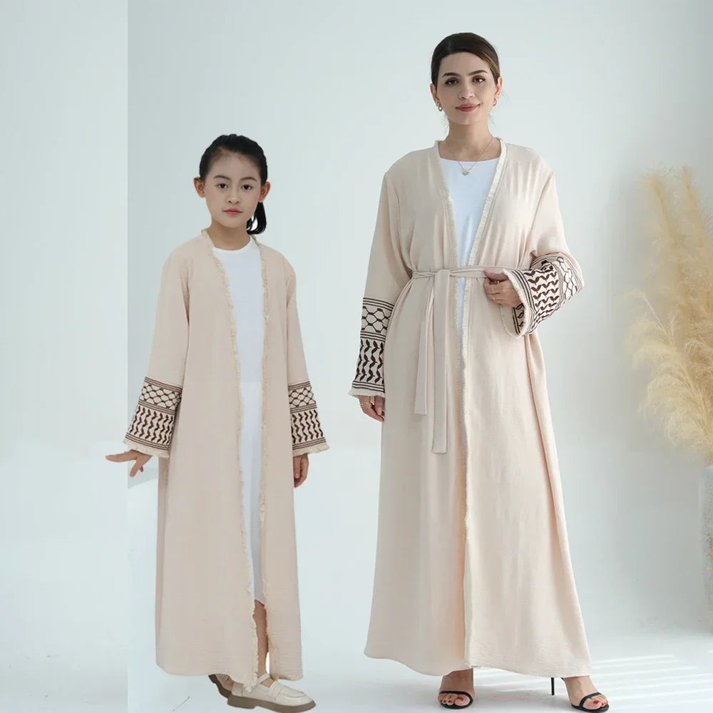 Mother and Daughter Abayas Dubai Muslim Women Kids Girls Maxi Dress Eid Djellaba Jalabiya Turkey Kimono Cardigan Islamic Robe