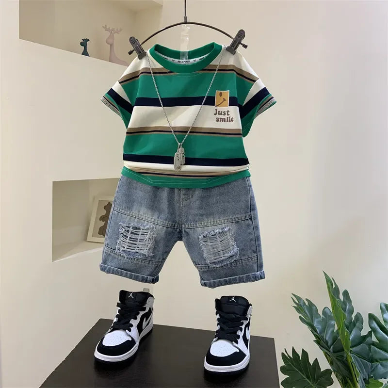 Korean Baby Boys Summer Sets Children's Clothing Short-Sleeved Letter T-Shirt & Denim Shorts Kids Boys Outfits Clothes 2-11Y