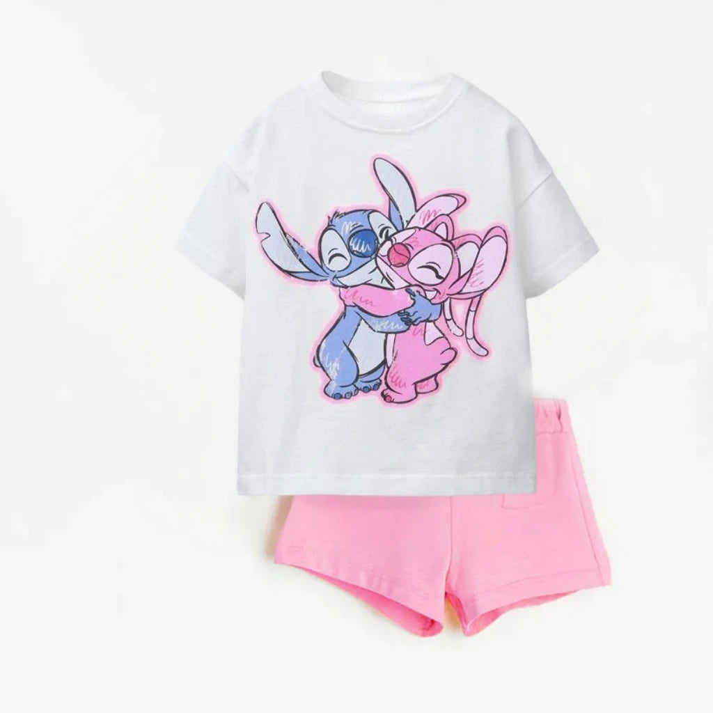 Pink T Shirt+Shorts 2Piece/Set Girls Child Short Sleeve Outfits Casual Sports Wear Cartoon Printed Tees All-match Pants Suits
