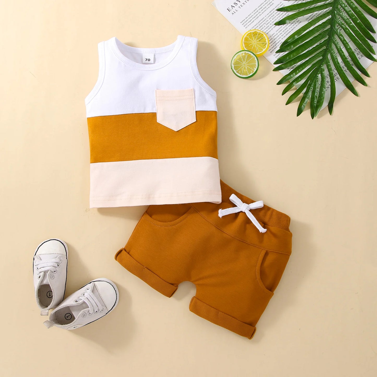 Infant Baby Boys 2PCS Pants Suit, Sleeveless Patchwork Crew Tank Tees + White Straps Short Pants, Toddler Boys Casual Outfit