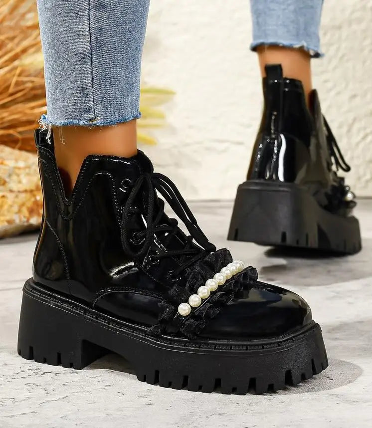 Black Platform Casual Women's Ankle Boots 2025 New Designer Autumn Winter British Style Boots Shoes for Women Botas De Mujer