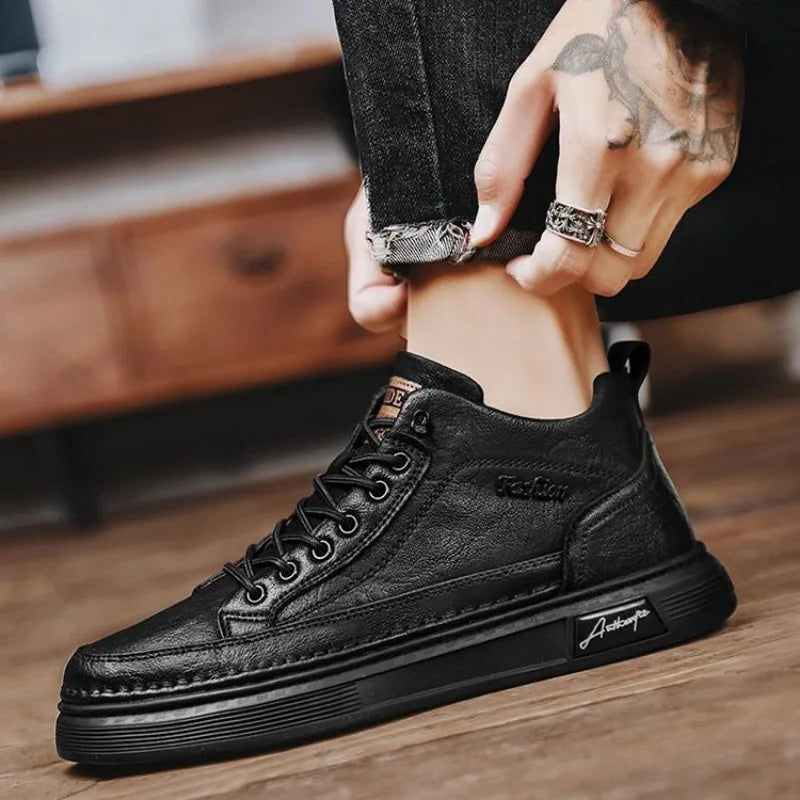 Classic Men Leather Casual Shoes Spring New High Top Platform Shoes Loafers Luxury British Business Style Walking Shoe Masculino