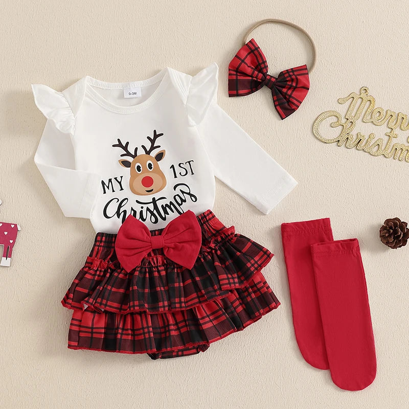 2024-08-20 Lioraitiin Christmas Infant Baby Girl Outfit Letter Ruffle Long Sleeve Romper Plaid Layered Ruffle Shorts Clothes