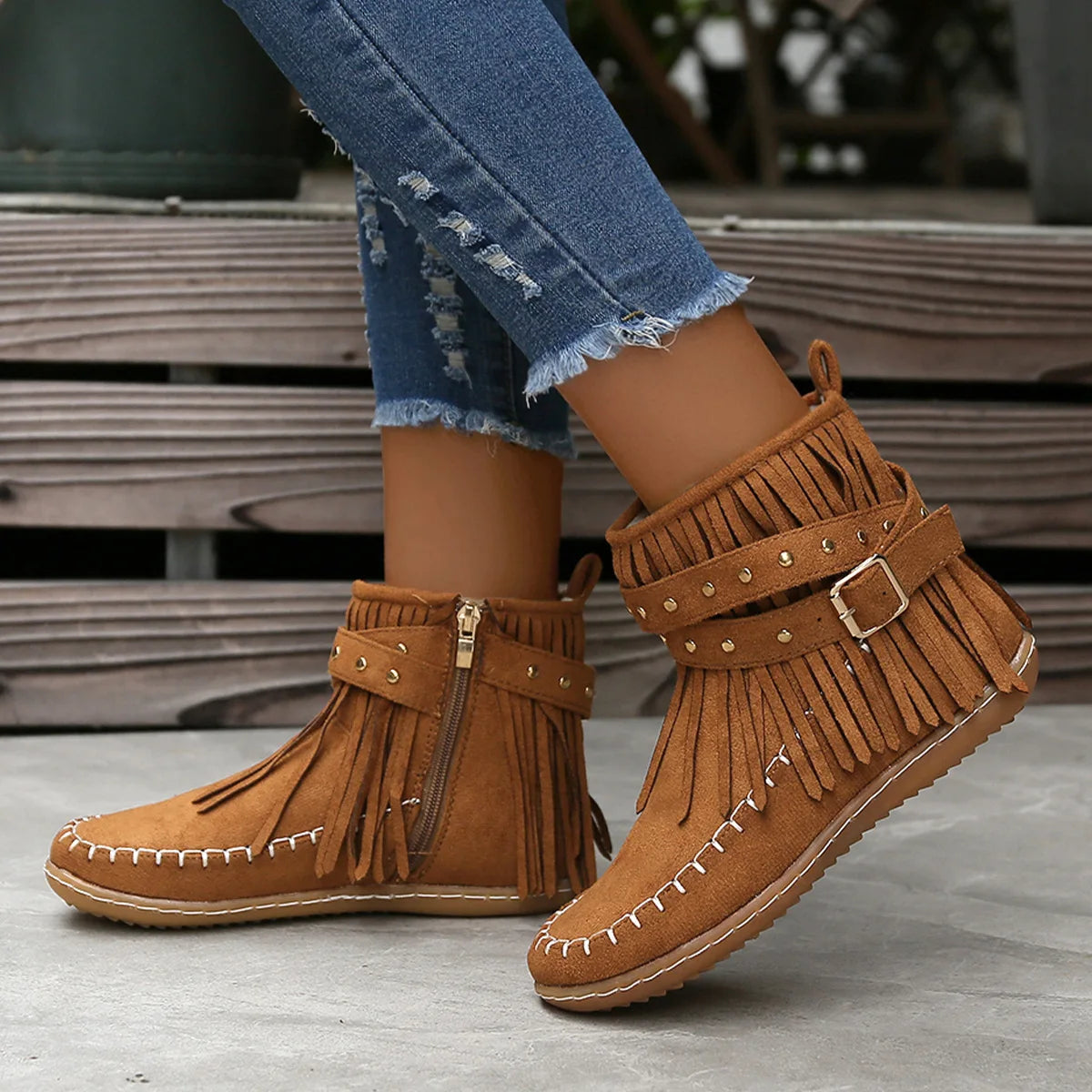 Botines Autumn Women Shoes Flat Heel Ankle Boots Retro Suede Tassel Women Boots Fashion Round Toe Soft Sole Short Boots Casual