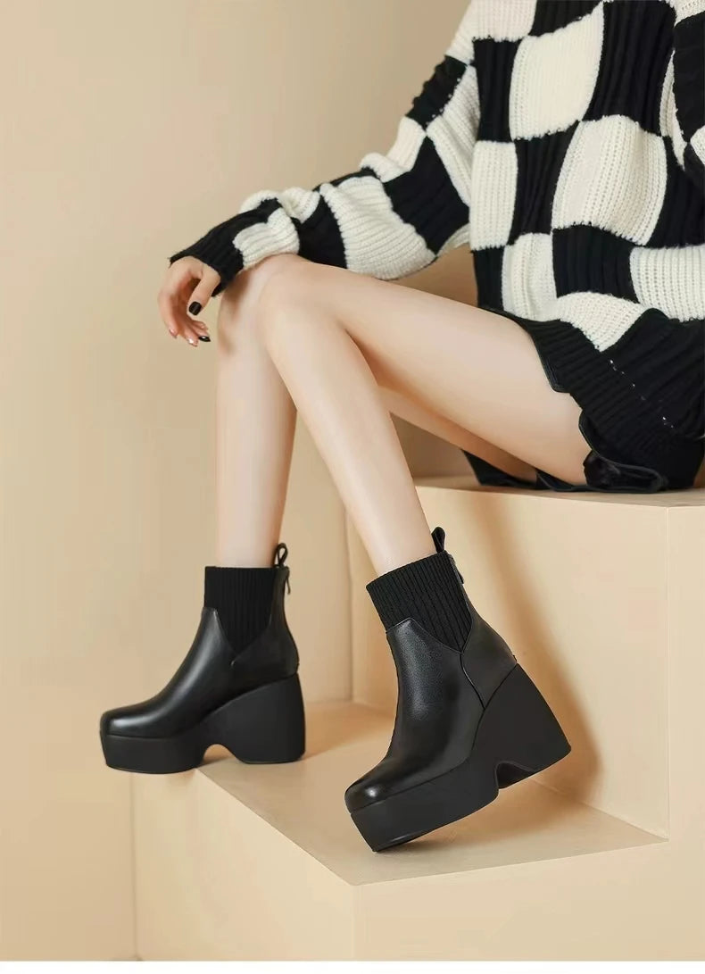 Comfortable Fashion Soft Leather Boots Women's Platform 2024 Winter Warm Round Head Flexible Med Block Sock Mom Ankle Boots