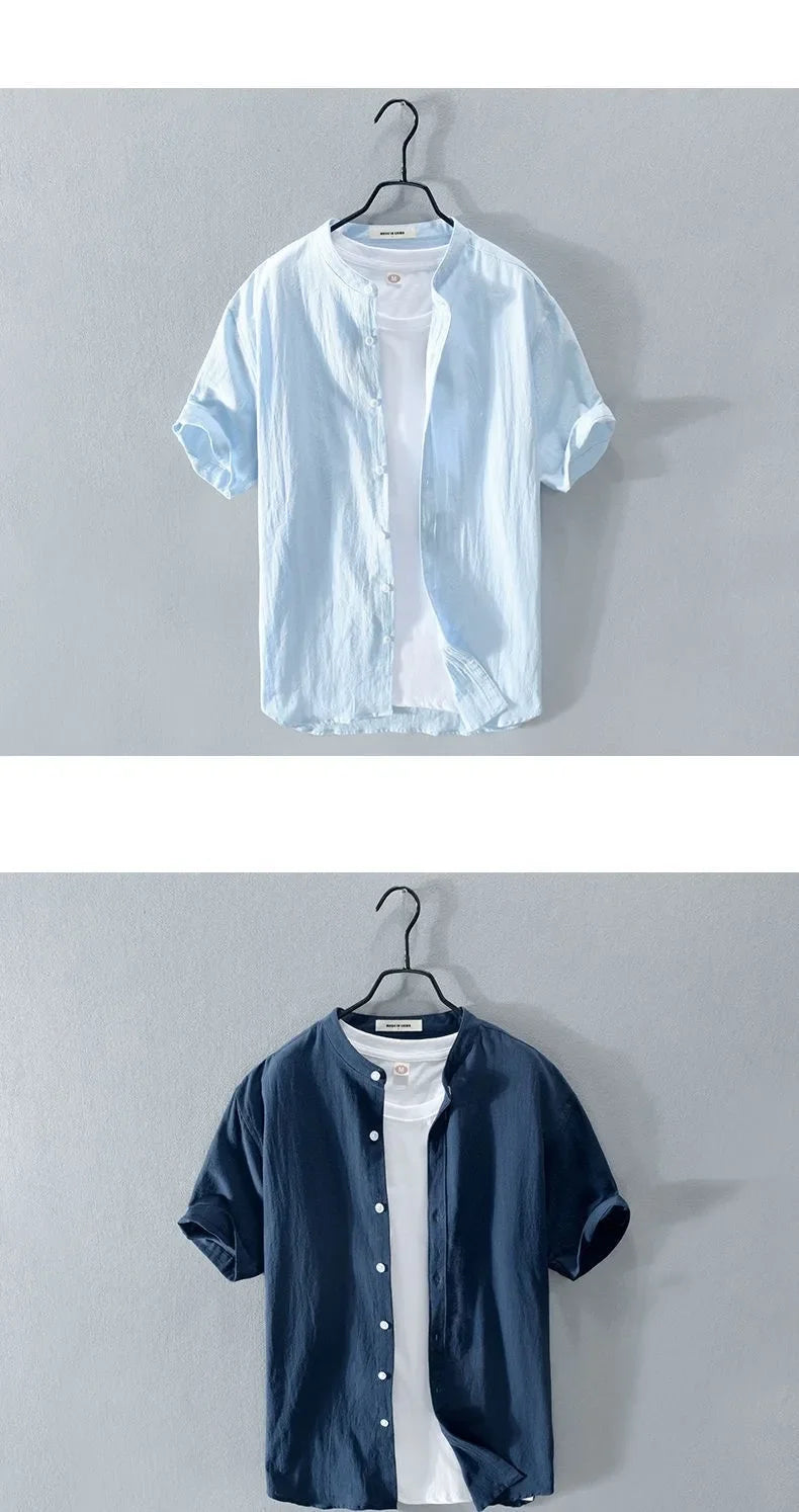 Japanese Style Loose Fit Lightweight Short Sleeve Linen Shirt round Neck Summer Casual Menswear White Cotton Linen Blend