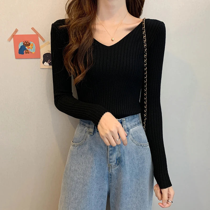 2026 Fashion Casual Long Sleeve Knitted Sweaters Korean Autumn Winter V Neck Sweater Solid Color Slim Pullovers Women Clothes