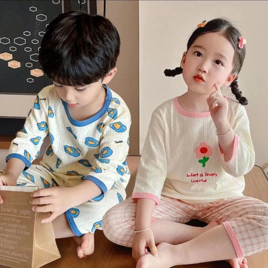 Babies Cartoon Sleepwear 2pcs Summer Wear Thin Soft Loose Home Clothes Sets Infant Girls Seven-point Sleeve Tops Pajama Pants