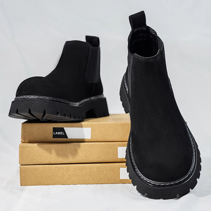 High Quality Fashion Mens Boots Black Boots Fashion Casual British Style Thick Bottomed Mid-top Chelsea Boots Large Size