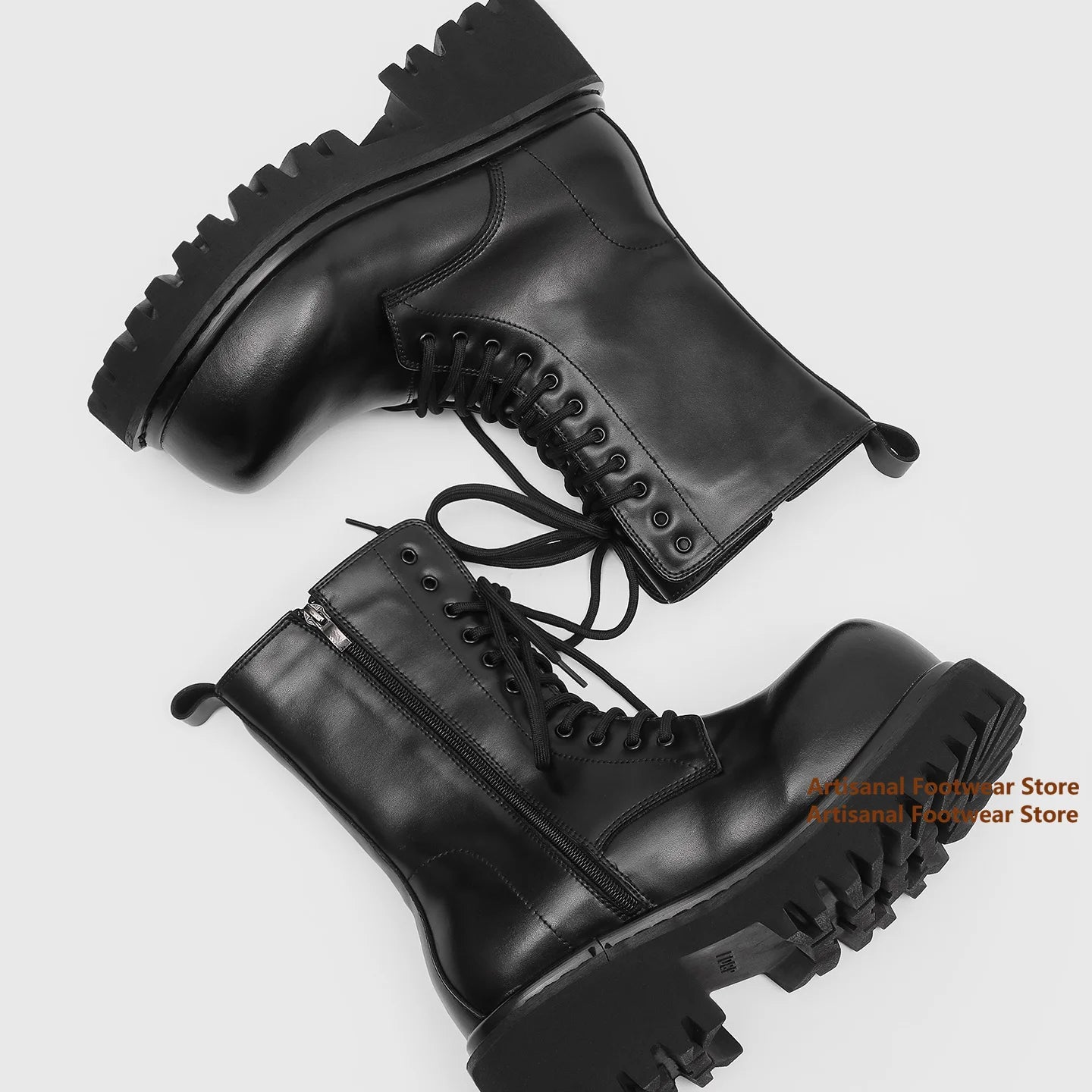 Thick-Soled Motorcycle Boots Retro Big Round Toe Men's Boots Classic Height Increasing Outdoor Designer Handmade Men Boots